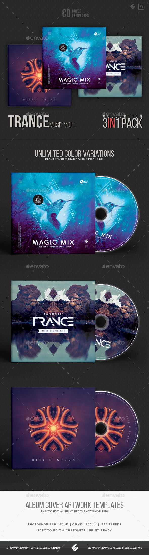 Trance Music CD Cover Artwork Templates Bundle - CD & DVD Artwork Print Templates