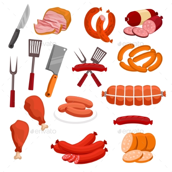Butchery Meat Sausage Salami Vector Isolated Icons - Food Objects