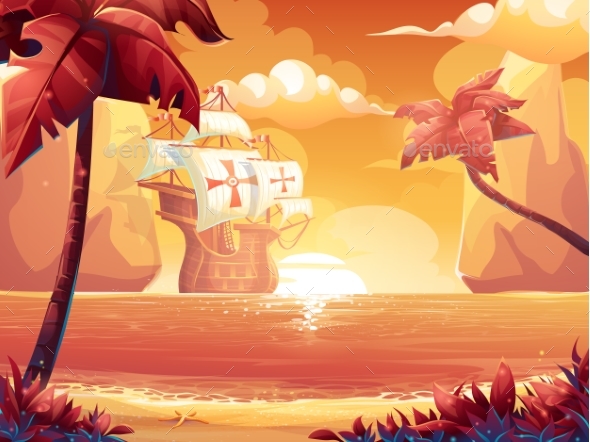 Galleon with Crimson Sun, Sunrise or Sunset - Landscapes Nature