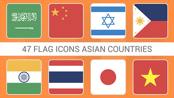 Flag Icons Asian Countries Squares Style