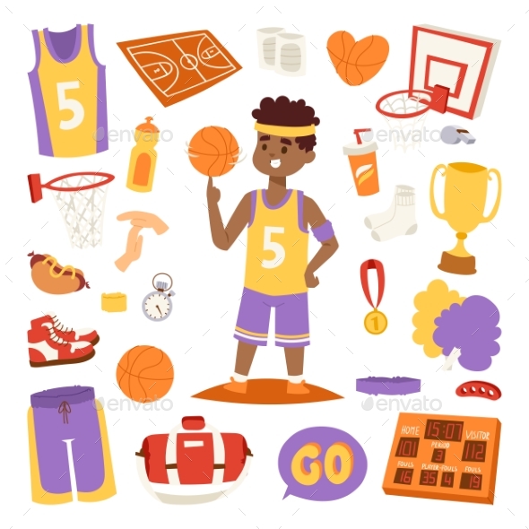 Basketball Player and Icons Stickers - Backgrounds Decorative