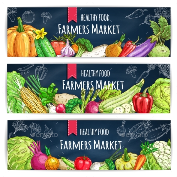 Vegetable Banner with Veggies Sketch on Blackboard - Food Objects
