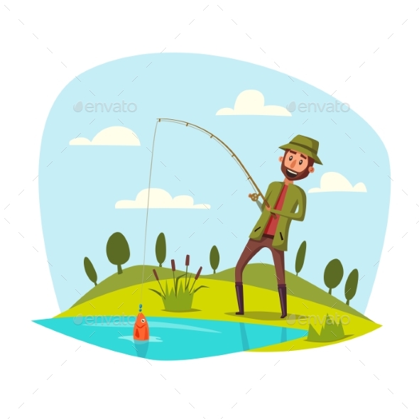 Man Fishing with Rod Catching Fish on Hook - Sports/Activity Conceptual