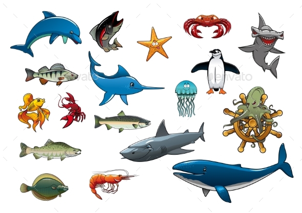 Sea Fish and Ocean Animals Cartoon Icons - Animals Characters