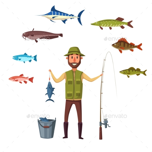 Fisher Man, Fish Catch of Isolated Vector Fishes - Sports/Activity Conceptual