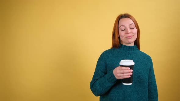 Young Red Hair Woman Posing Isolated on Yellow Color Background Studio alt