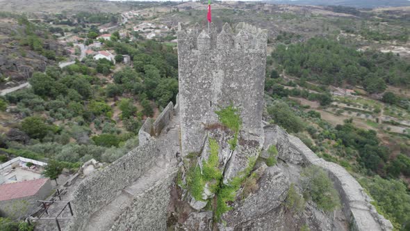 Aerial orbit around main keep of Sortelha Fortress, Portugal