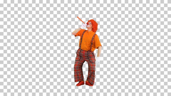 Clown with red nose blowing party horn, Alpha Channel alt