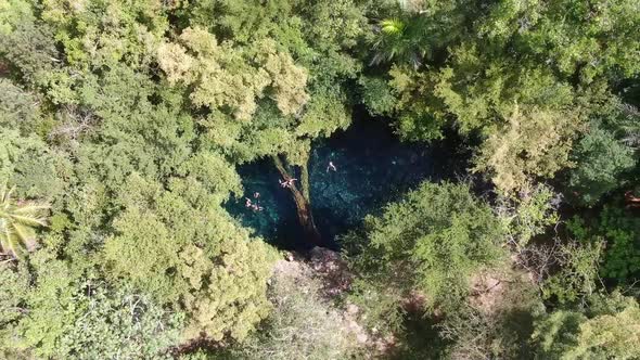 Top View of People Swimming in a Small Lake in the Middle of a Tropical Forest alt