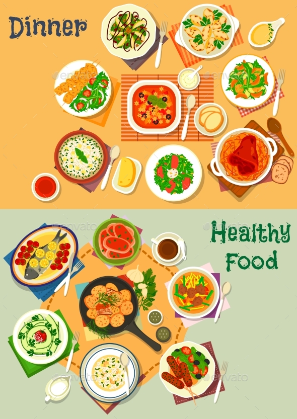Healthy Lunch and Dinner Food Icon Set Design - Food Objects