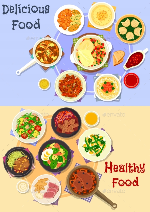 Tasty Dishes for Dinner Menu Icon Set Design - Food Objects