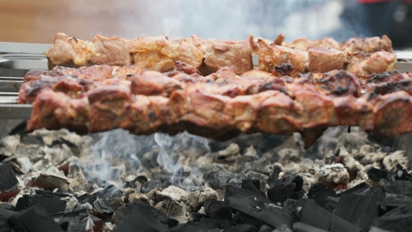 Cooking of Beef Kebabs on the Brazier