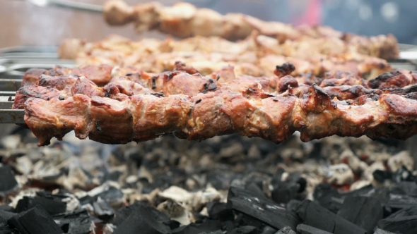 Kebabs Are Roasted on the Metal Skewers on Coals
