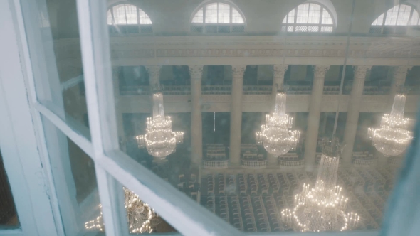 Overview Dolly Shot of Classical Style Organ Hall with Big Glass Chandaliers