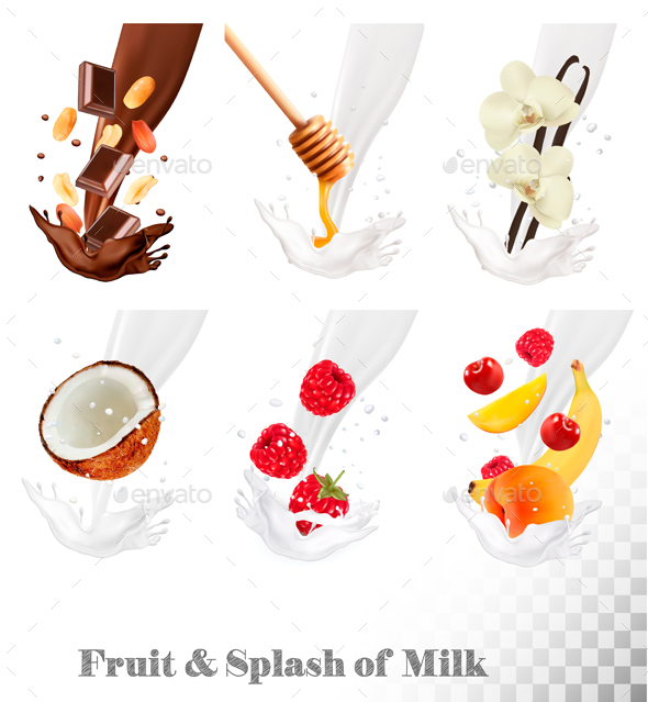Set of Berries in Milk Splashes - Food Objects