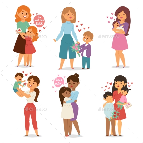 Mother and Children with Flower Bouquet - People Characters