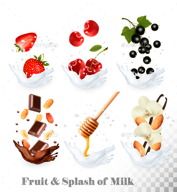 Set of Berries in Milk Splashes - Food Objects