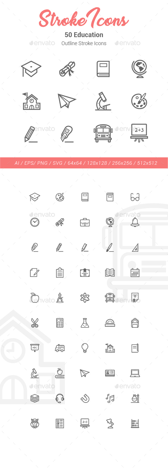 50 Education Outline Stroke Icons - Objects Icons