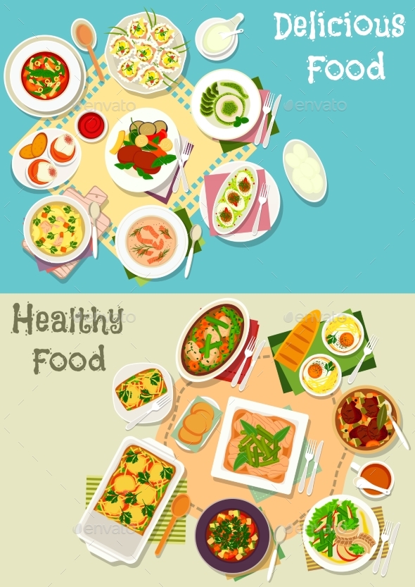 Italian and French Cuisine Dishes Icon Set - Food Objects