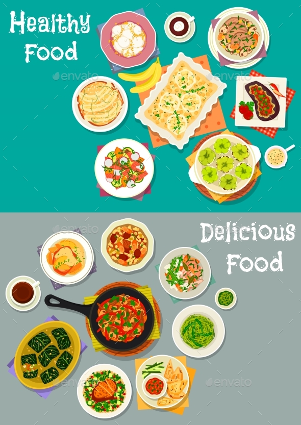 Dinner with Healthy Fruit Desserts Icon Set - Food Objects
