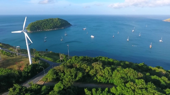 Aerial Shot of Windmill with the View on Small Paradise Island. Naiharn Beach, Phuket.