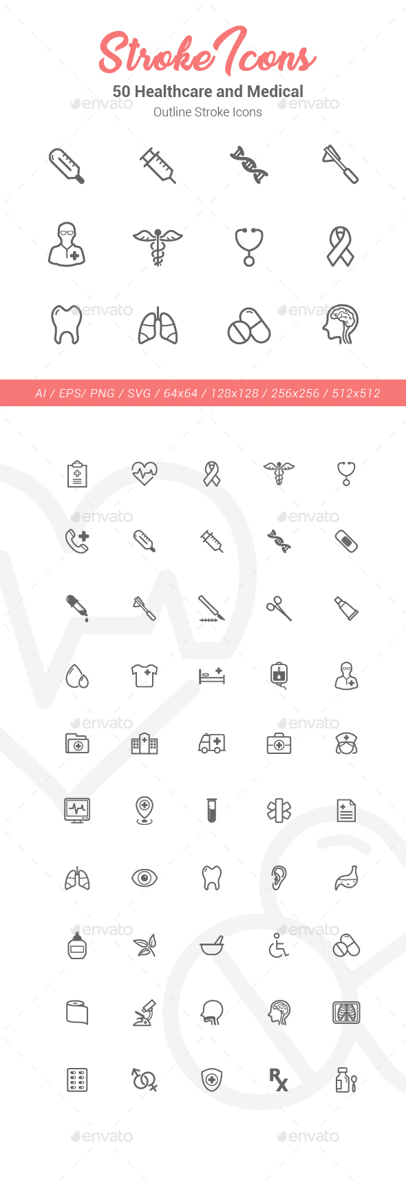 50 Healthcare Outline Stroke Icons - Objects Icons