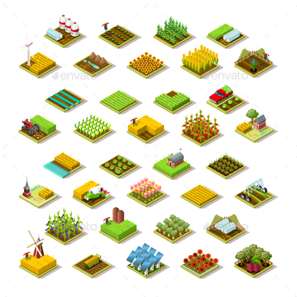 Isometric Farm Building 3D Icon Collection Vector Illustration - Vectors