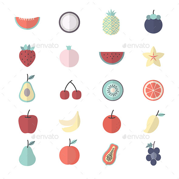 Fruit, Healthy Food Set Of Nature Icon Style Colorful Flat Icons - Food Objects