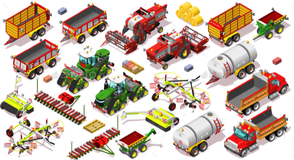 Isometric Farm Vehicle 3D Icon Set Collection Vector Illustration - Man-made Objects Objects