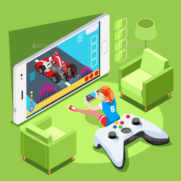 Computer Video Game Isometric Person Gaming Vector Illustration - Computers Technology