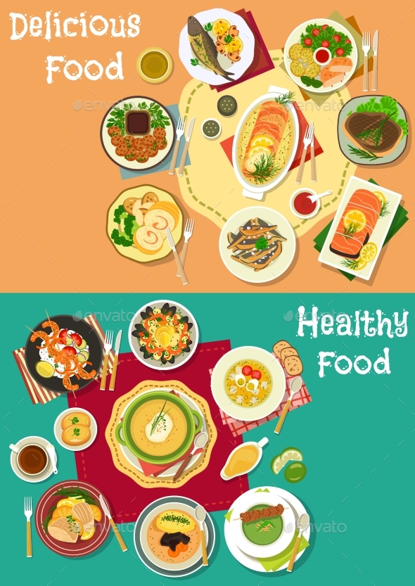 Dinner Icon Set with Meat, Seafood and Soup Dishes - Food Objects