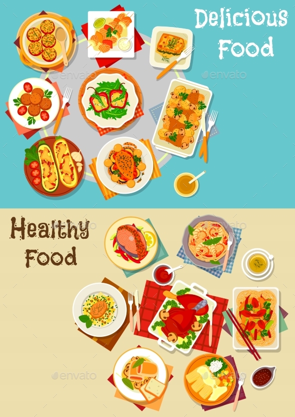 Healthy Food Icon Set with Baked Dishes - Food Objects