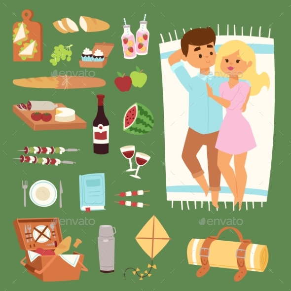 Barbecue Resting Picnic Couple and Vector Icons. - Backgrounds Decorative