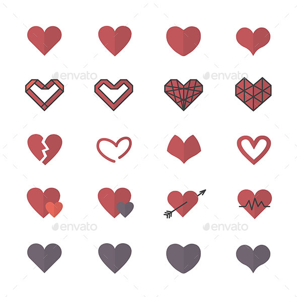 Red Heart Icons and Valentine Icons Set Of Vector Illustration Style Flat Icons - Icons