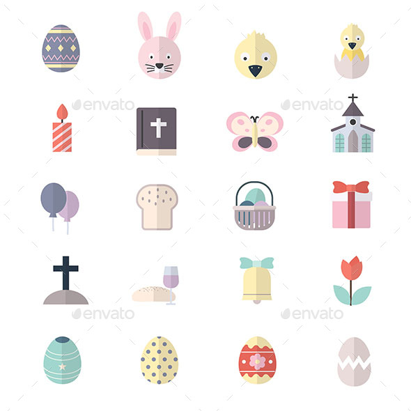 Happy Easter and Egg Icons Flat Color - Seasonal Icons