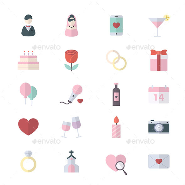 Sweet Valentine and Love Wedding Flat Color Icons - Icons