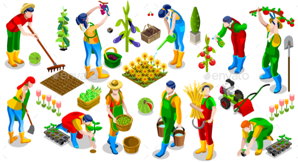Isometric People Farmer 3D Icon Collection Vector Illustration - Vectors