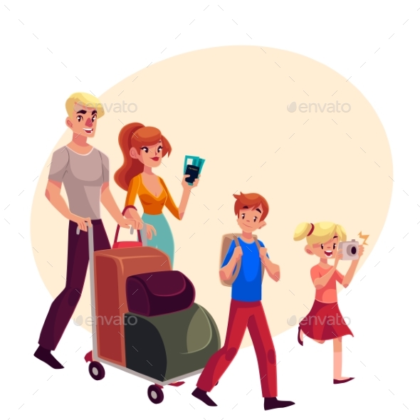 Family of Four Pushing Luggage Cart at Airport - People Characters