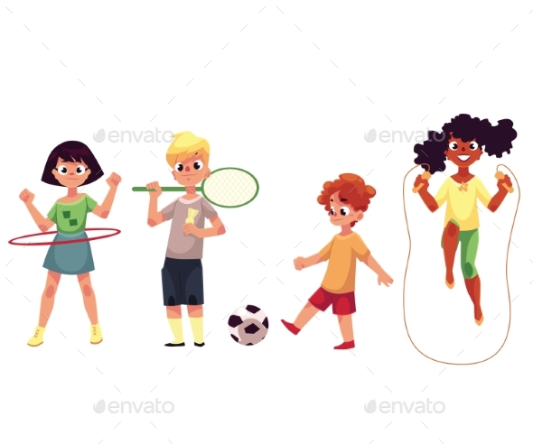 Kids Twirling Hula Hoop, Playing Badminton, Soccer - Sports/Activity Conceptual