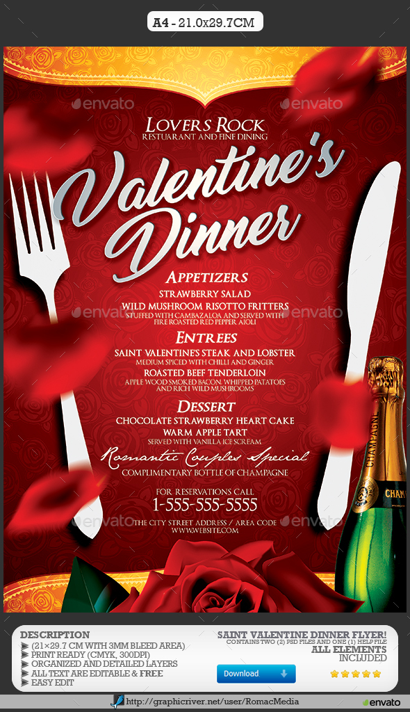 Valentine's Day Dinner Menu - Events Flyers