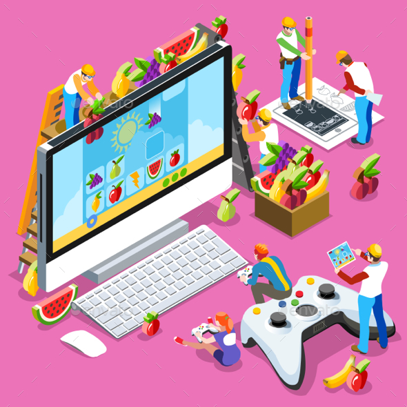 People Developing Game Isometric Vector Illustration - Computers Technology