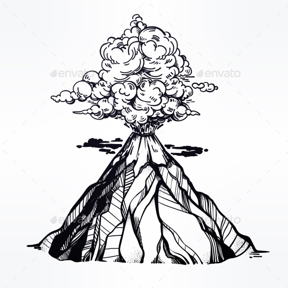 Vector Hand Drawn Sketch of the Volcano. - Landscapes Nature