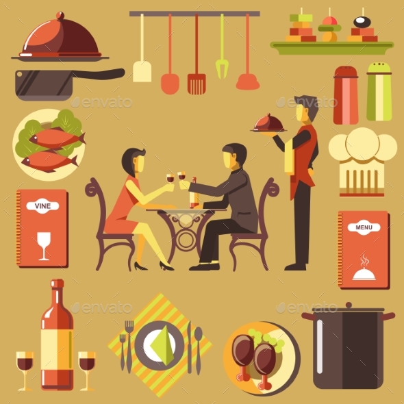 Couple Spending Time at Restaurant and Waiter - Food Objects