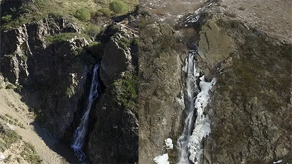 Aerial View of a Waterfall in the Summer and Winter.