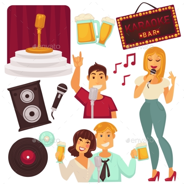 Karaoke Bar Elements Set with Singing People. - Web Elements Vectors
