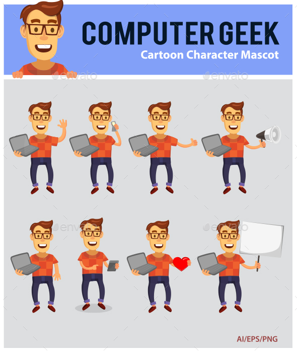 Computer Geek Cartoon Mascot - People Characters