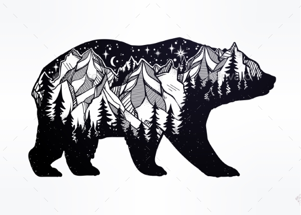 Double Exposure Bear with Mountains Landscape by itskatjas | GraphicRiver