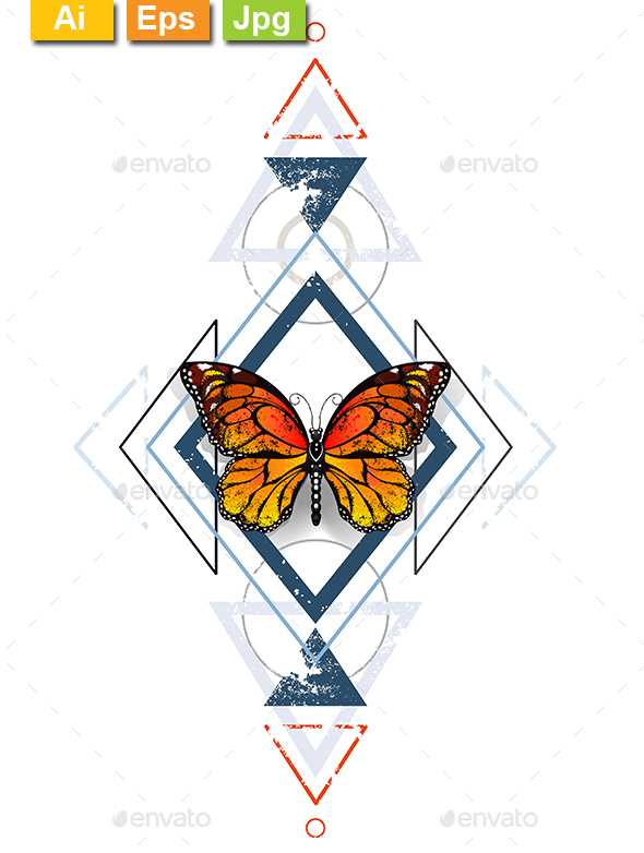 Geometric Pattern with Monarch Butterflies - Decorative Symbols Decorative