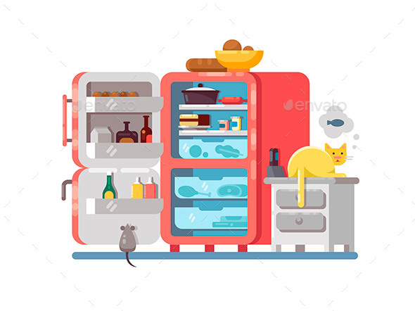 Open Refrigerator with Food - Objects Vectors