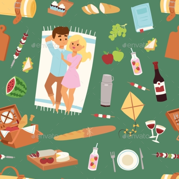 Barbecue Resting Picnic Couple and Vector Seamless - Backgrounds Decorative
